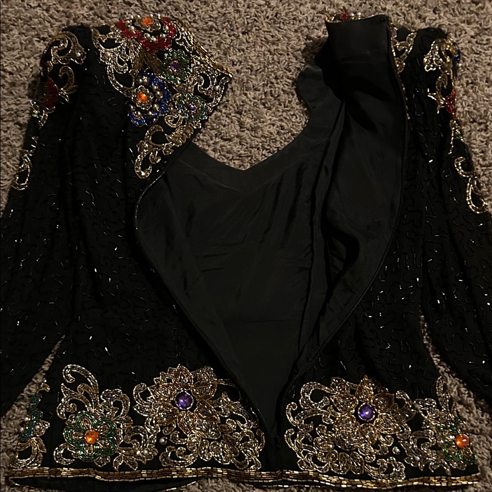 1980s Oleg Cassini Black Tie Multicolor Embellished Top - Picture 6 of 7